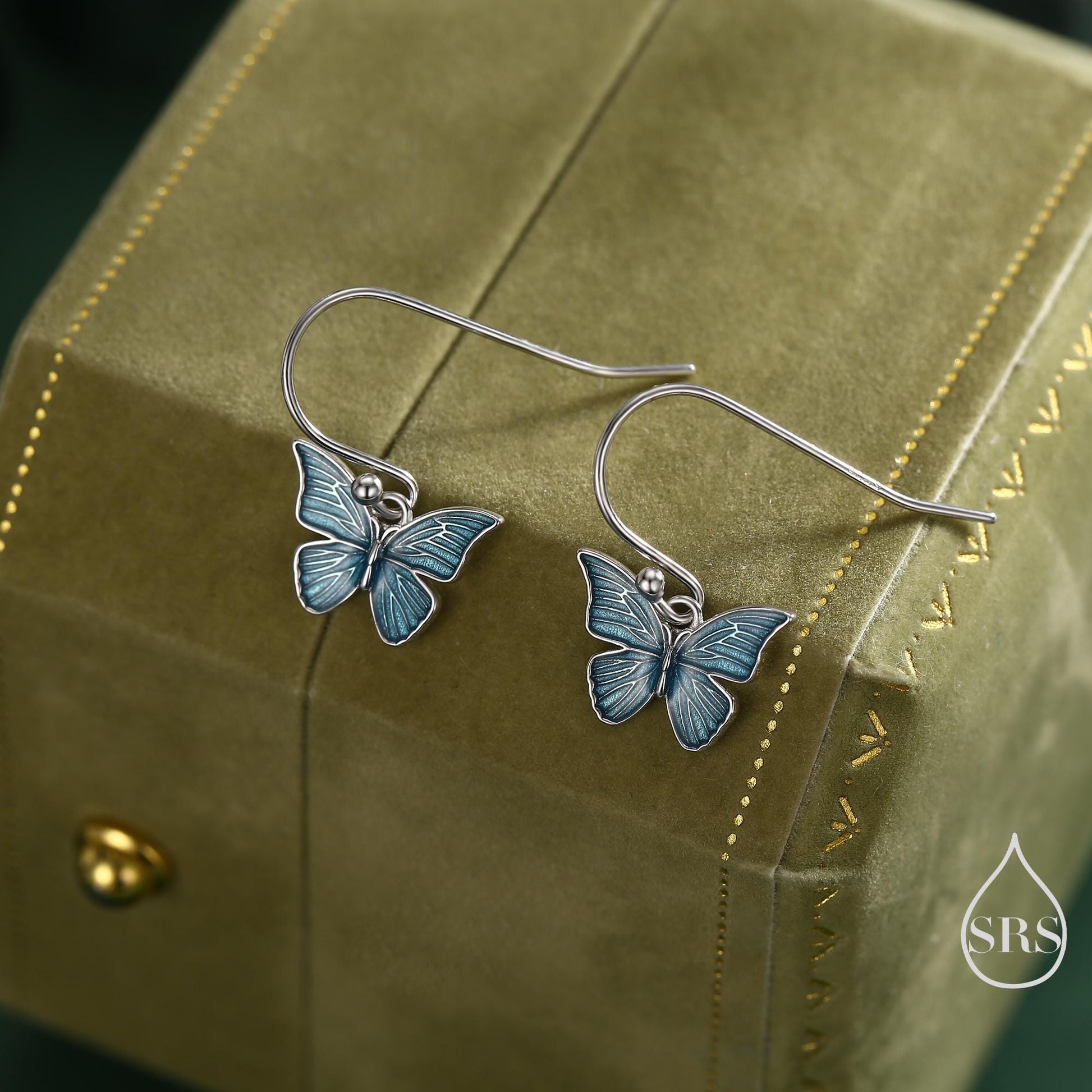 Blue Butterfly Enamel Drop Hook Earrings in Sterling Silver, Aqua Blue Enamel Butterfly Earrings, Insect Animal Earrings, Nature-Inspired