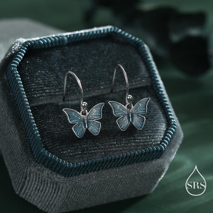 Blue Butterfly Enamel Drop Hook Earrings in Sterling Silver, Aqua Blue Enamel Butterfly Earrings, Insect Animal Earrings, Nature-Inspired