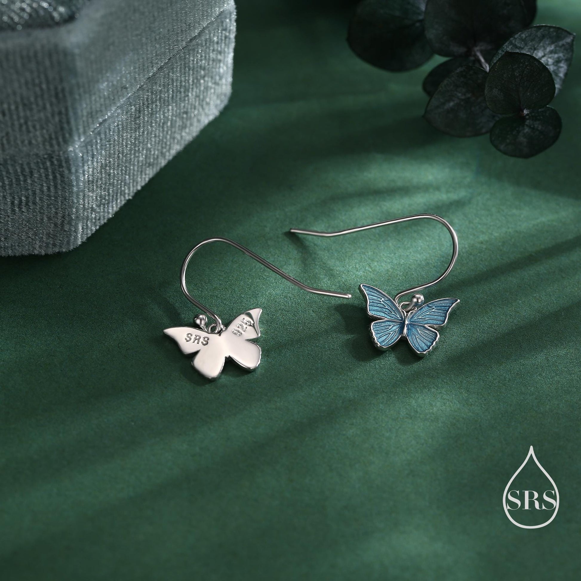 Blue Butterfly Enamel Drop Hook Earrings in Sterling Silver, Aqua Blue Enamel Butterfly Earrings, Insect Animal Earrings, Nature-Inspired