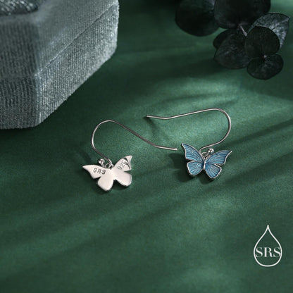Blue Butterfly Enamel Drop Hook Earrings in Sterling Silver, Aqua Blue Enamel Butterfly Earrings, Insect Animal Earrings, Nature-Inspired