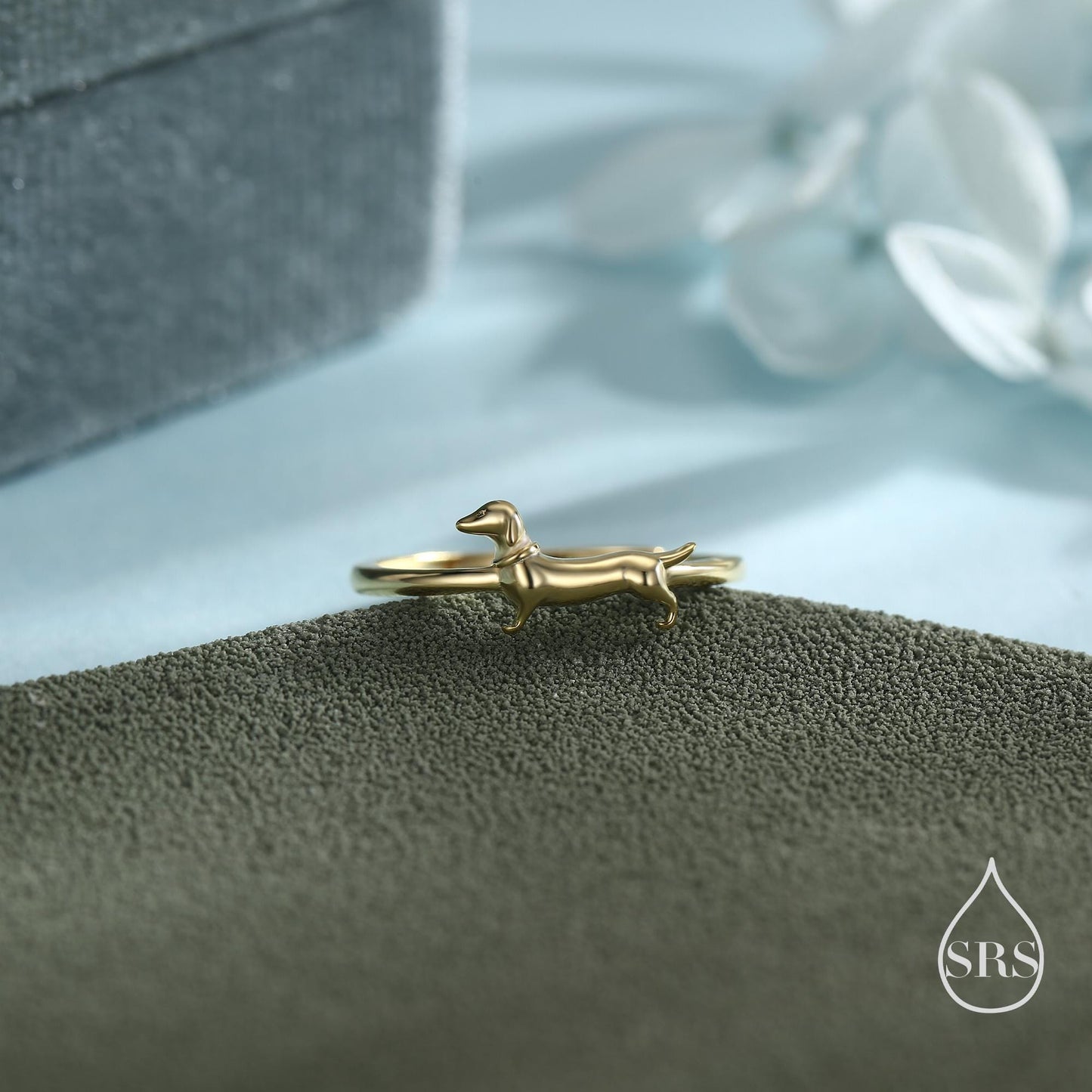 Sterling Silver Sausage Dog Ring, Silver or Gold, Adjustable Size Paw Print Ring, Small Pet Lover Ring, Sausage Dog Ring, Dog Ring