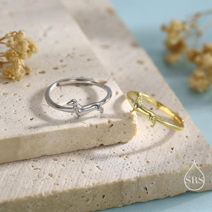 Sterling Silver Sausage Dog Ring, Silver or Gold, Adjustable Size Paw Print Ring, Small Pet Lover Ring, Sausage Dog Ring, Dog Ring