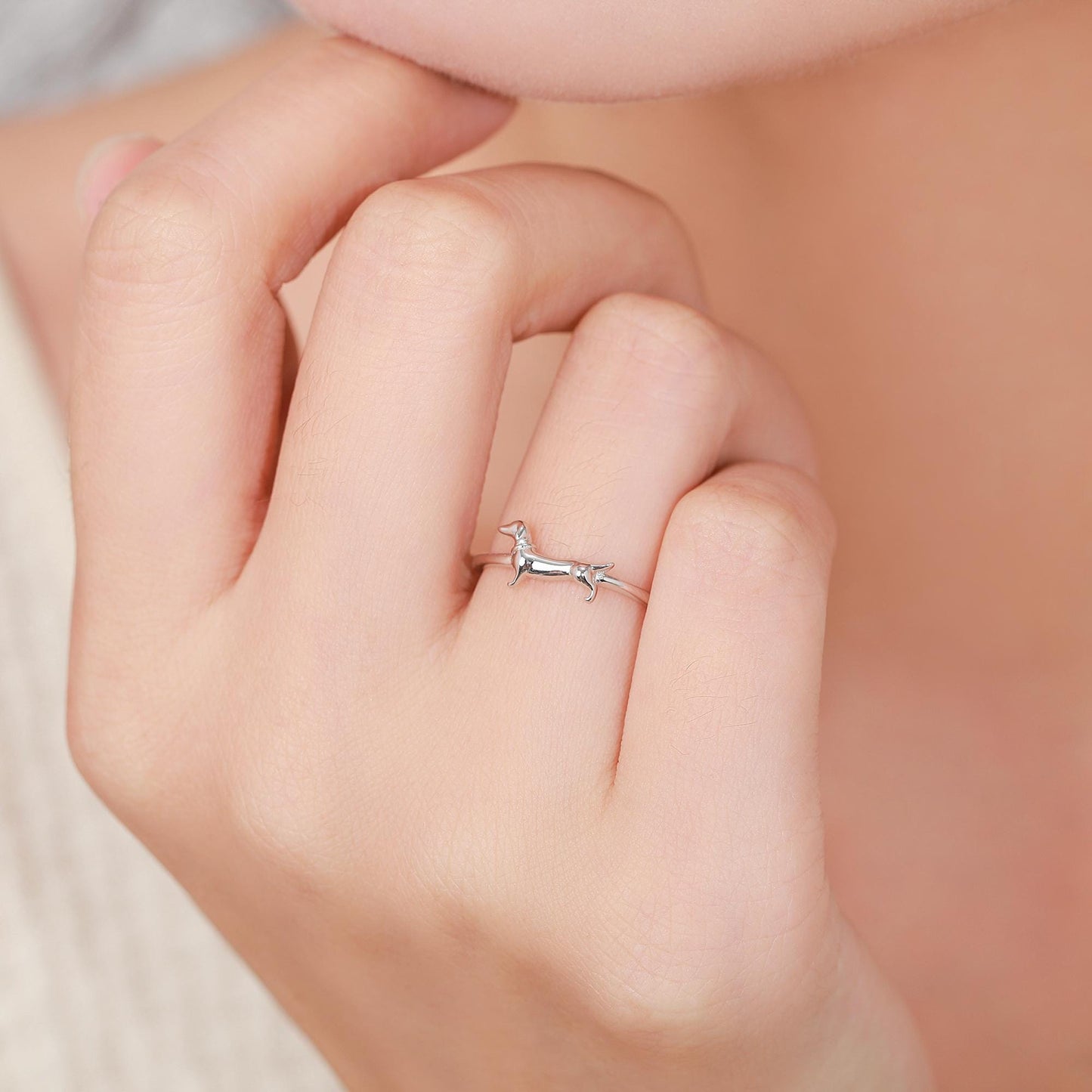 Sterling Silver Sausage Dog Ring, Silver or Gold, Adjustable Size Paw Print Ring, Small Pet Lover Ring, Sausage Dog Ring, Dog Ring