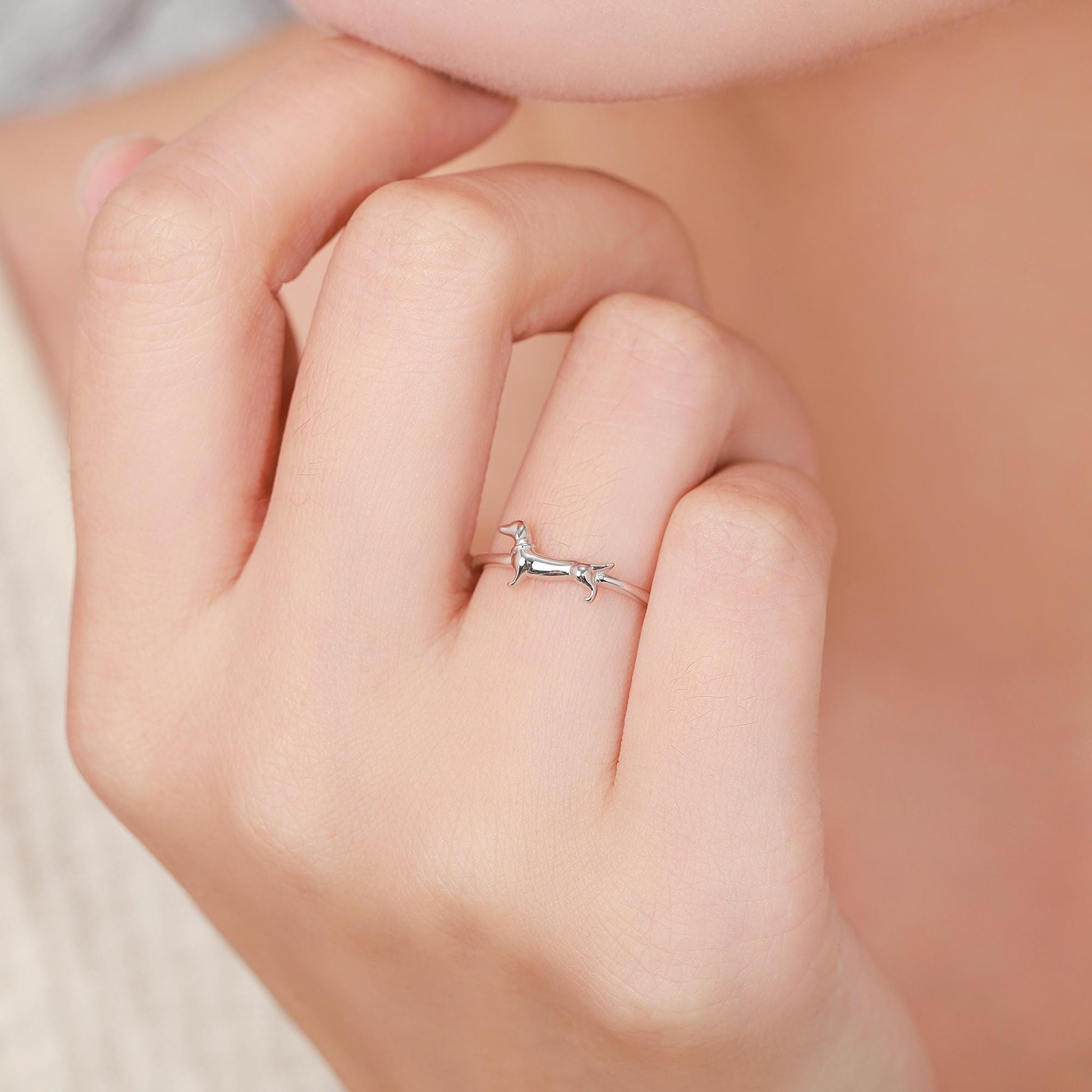 Sterling Silver Sausage Dog Ring, Silver or Gold, Adjustable Size Paw Print Ring, Small Pet Lover Ring, Sausage Dog Ring, Dog Ring