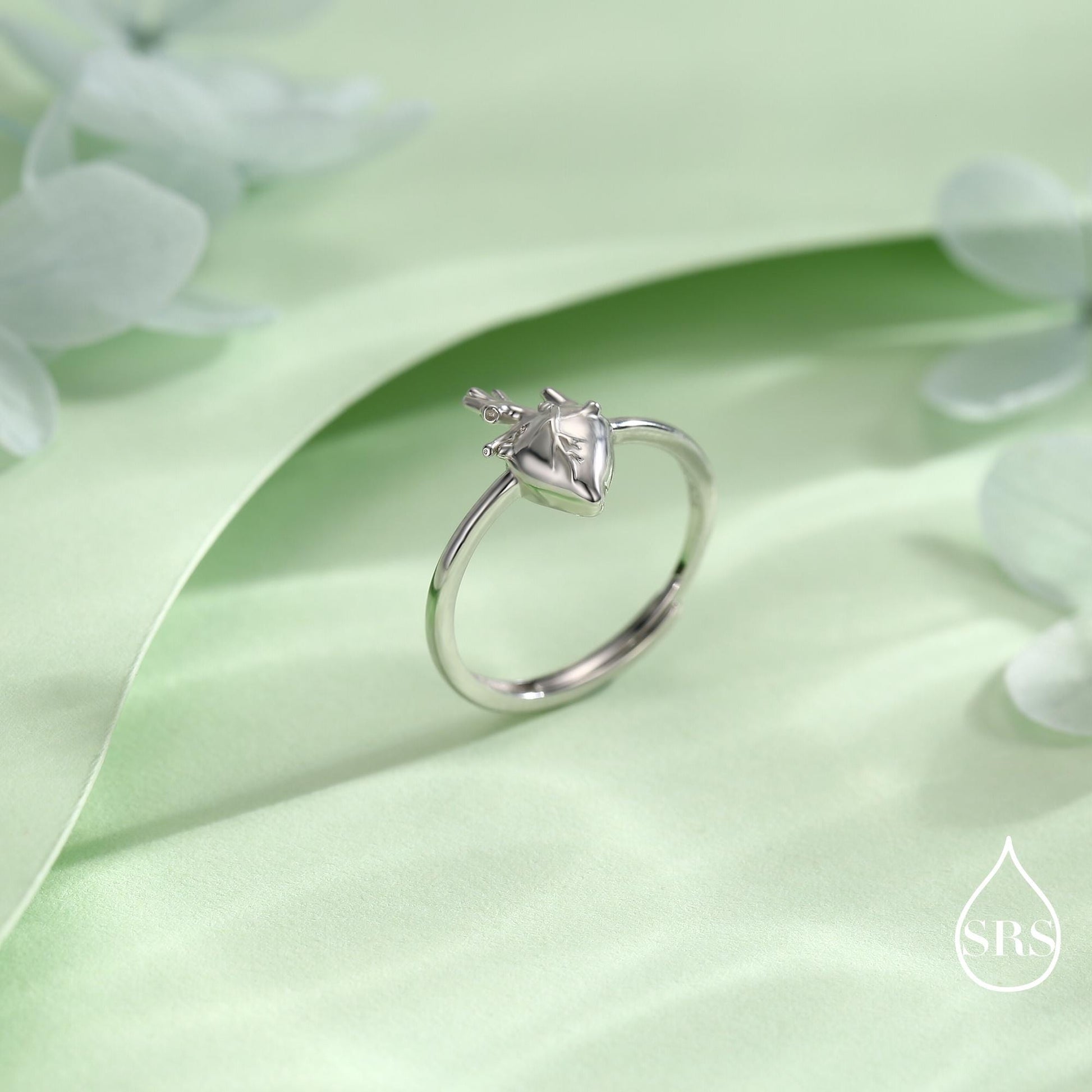 Sterling Silver Anatomical Heart Ring, Silver or Gold Finish, Adjustable Real Heart Ring, Gothic Style, Halloween Jewellery