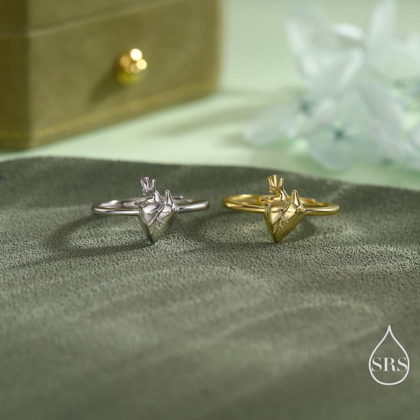 Sterling Silver Anatomical Heart Ring, Silver or Gold Finish, Adjustable Real Heart Ring, Gothic Style, Halloween Jewellery