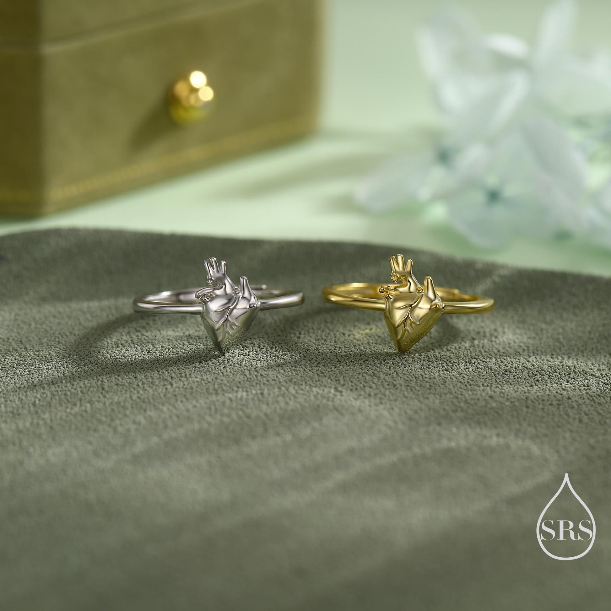 Sterling Silver Anatomical Heart Ring, Silver or Gold Finish, Adjustable Real Heart Ring, Gothic Style, Halloween Jewellery