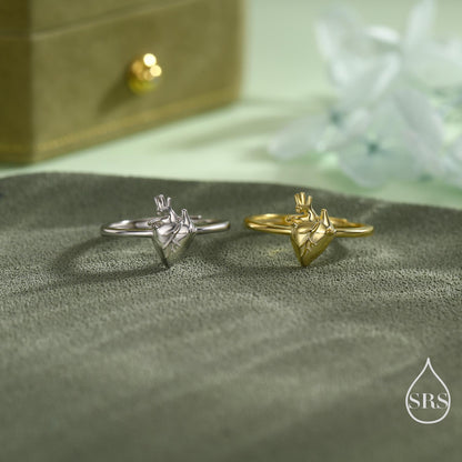 Sterling Silver Anatomical Heart Ring, Silver or Gold Finish, Adjustable Real Heart Ring, Gothic Style, Halloween Jewellery