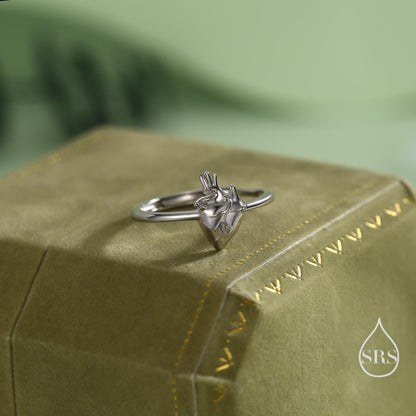 Sterling Silver Anatomical Heart Ring, Silver or Gold Finish, Adjustable Real Heart Ring, Gothic Style, Halloween Jewellery