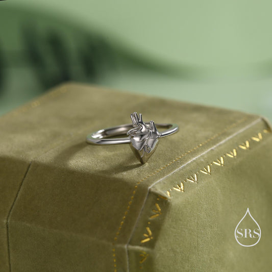 Sterling Silver Anatomical Heart Ring, Silver or Gold Finish, Adjustable Real Heart Ring, Gothic Style, Halloween Jewellery