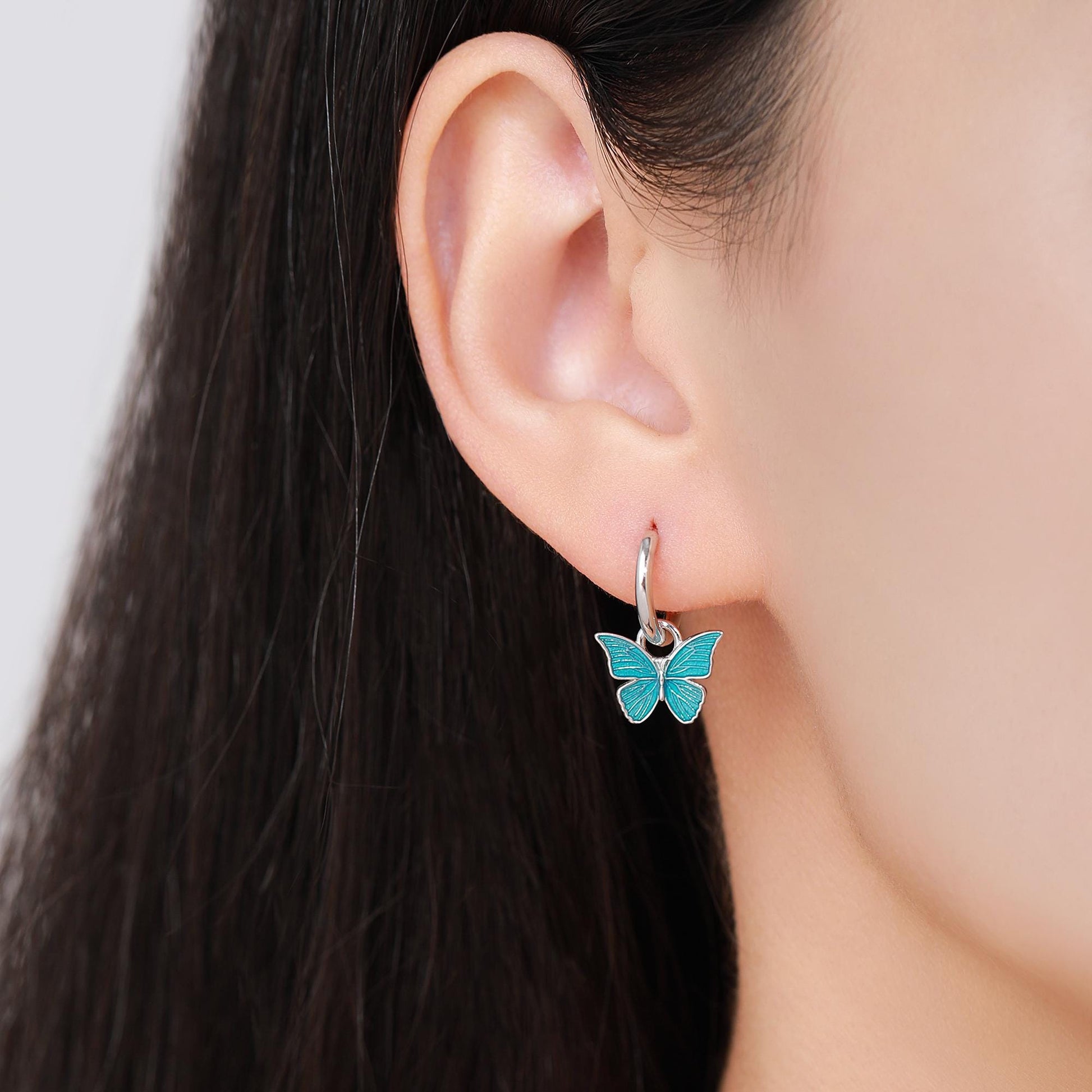 Sterling Silver Blue Butterfly Huggie Hoops, Detachable Blue Enamel Butterfly Hoop Earrings, Butterfly Earrings