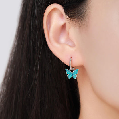 Sterling Silver Blue Butterfly Huggie Hoops, Detachable Blue Enamel Butterfly Hoop Earrings, Butterfly Earrings
