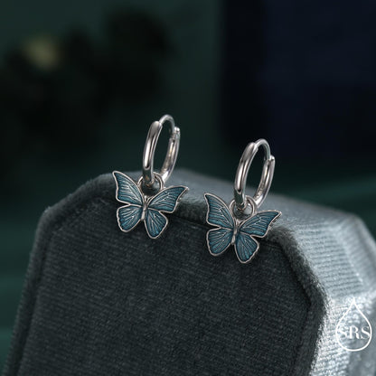 Sterling Silver Blue Butterfly Huggie Hoops, Detachable Blue Enamel Butterfly Hoop Earrings, Butterfly Earrings