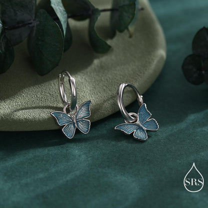 Sterling Silver Blue Butterfly Huggie Hoops, Detachable Blue Enamel Butterfly Hoop Earrings, Butterfly Earrings