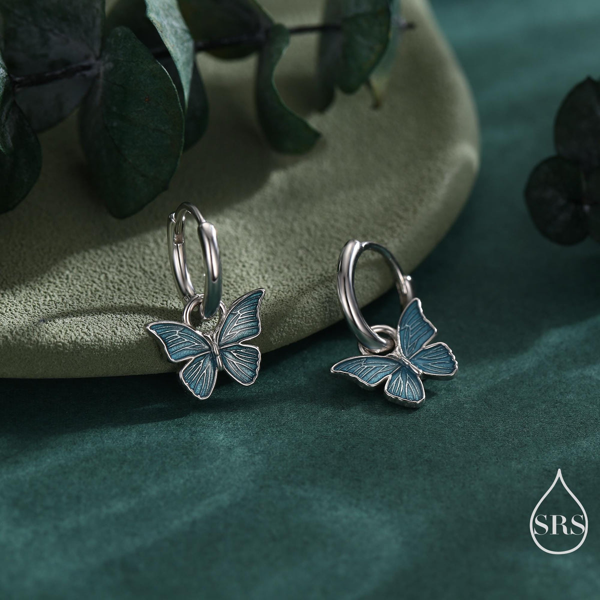Sterling Silver Blue Butterfly Huggie Hoops, Detachable Blue Enamel Butterfly Hoop Earrings, Butterfly Earrings