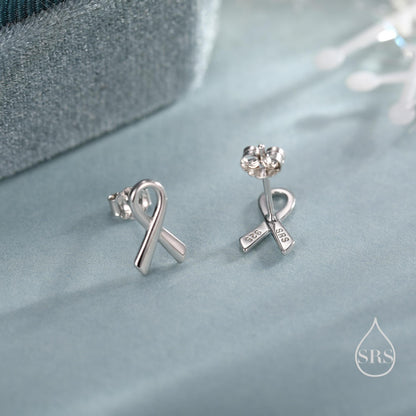 Pink Ribbon Stud Earrings in Sterling Silver, Silver, Gold or Rose Gold, Breast Cancer Awareness Jewellery. Ribbon earrings.