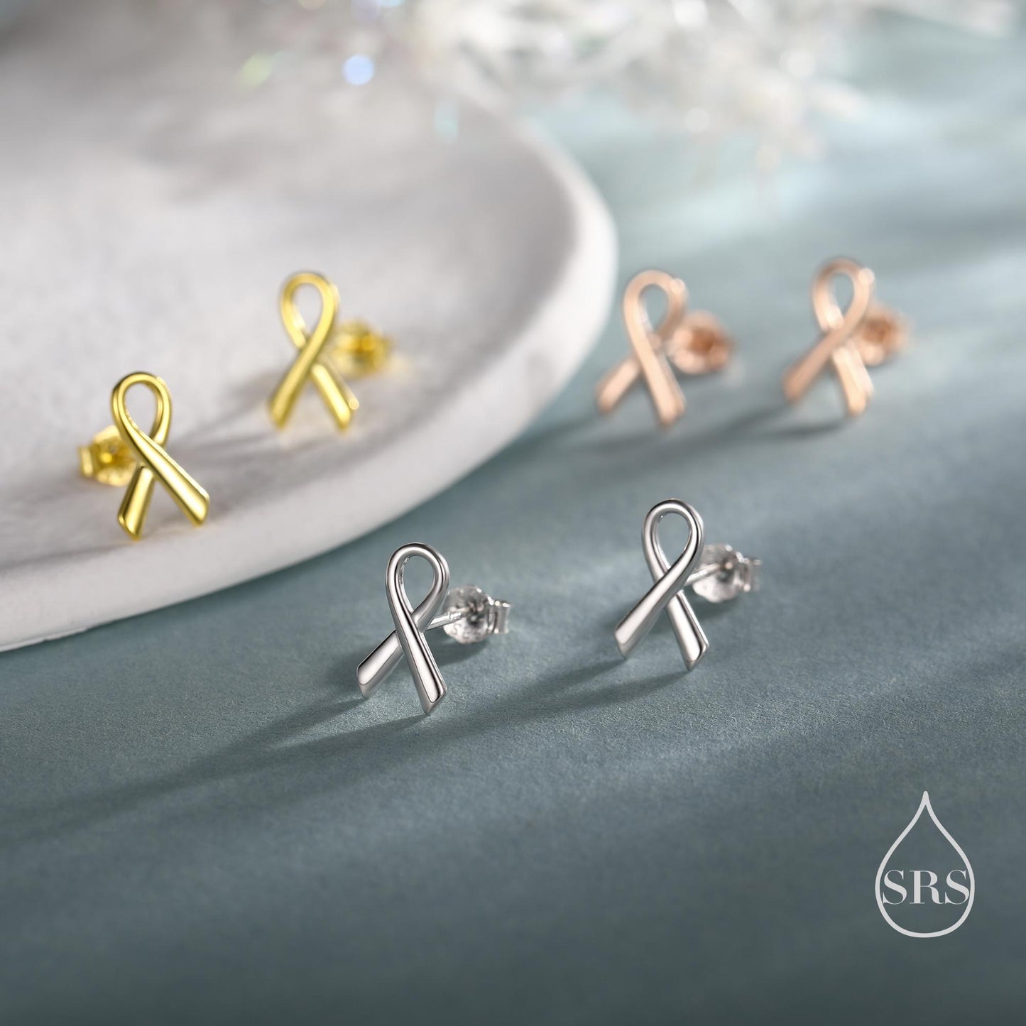 Pink Ribbon Stud Earrings in Sterling Silver, Silver, Gold or Rose Gold, Breast Cancer Awareness Jewellery. Ribbon earrings.