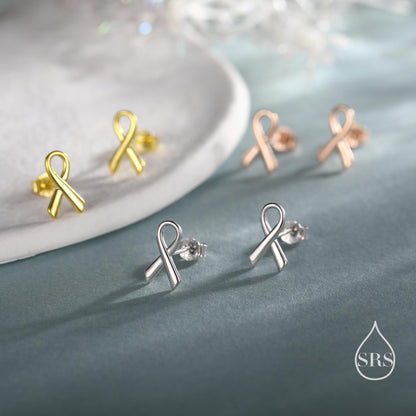Pink Ribbon Stud Earrings in Sterling Silver, Silver, Gold or Rose Gold, Breast Cancer Awareness Jewellery. Ribbon earrings.