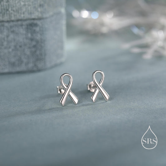 Pink Ribbon Stud Earrings in Sterling Silver, Silver, Gold or Rose Gold, Breast Cancer Awareness Jewellery. Ribbon earrings.