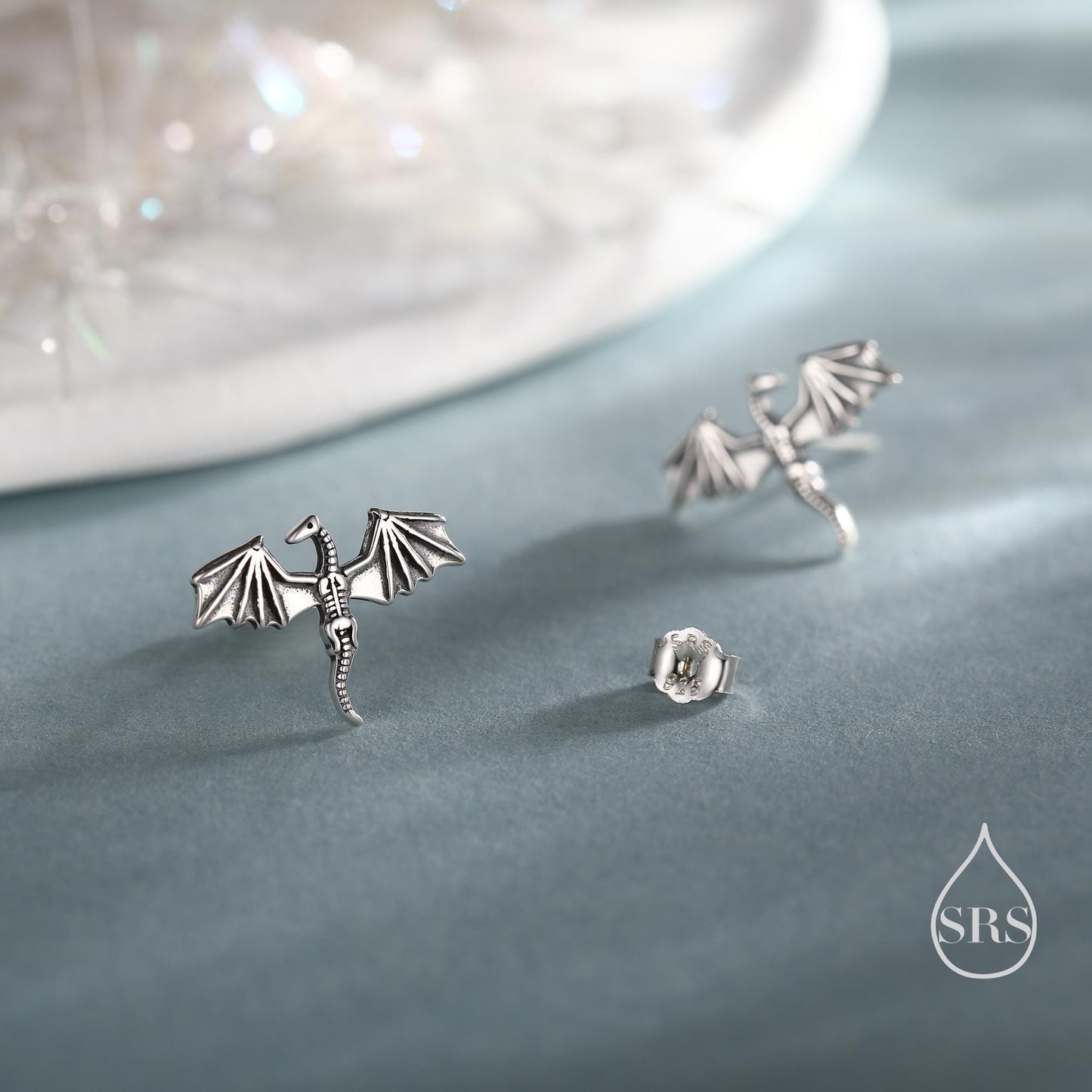 Dragon Skeleton Stud Earrings in Sterling Silver, Oxidised Finish Dragon Skeleton Earrings, Dainty and Tiny Earrings