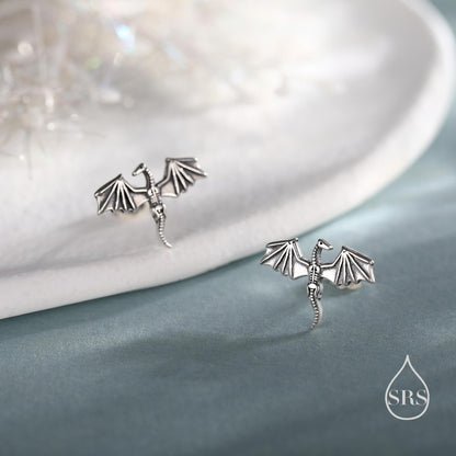 Dragon Skeleton Stud Earrings in Sterling Silver, Oxidised Finish Dragon Skeleton Earrings, Dainty and Tiny Earrings