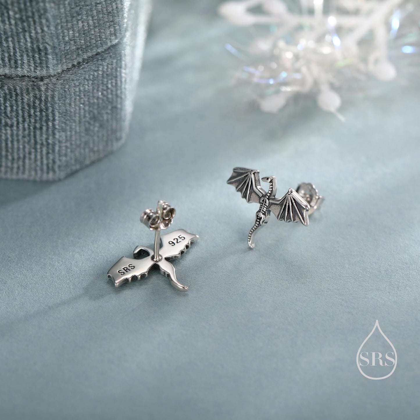 Dragon Skeleton Stud Earrings in Sterling Silver, Oxidised Finish Dragon Skeleton Earrings, Dainty and Tiny Earrings