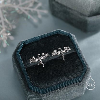 Dragon Skeleton Stud Earrings in Sterling Silver, Oxidised Finish Dragon Skeleton Earrings, Dainty and Tiny Earrings