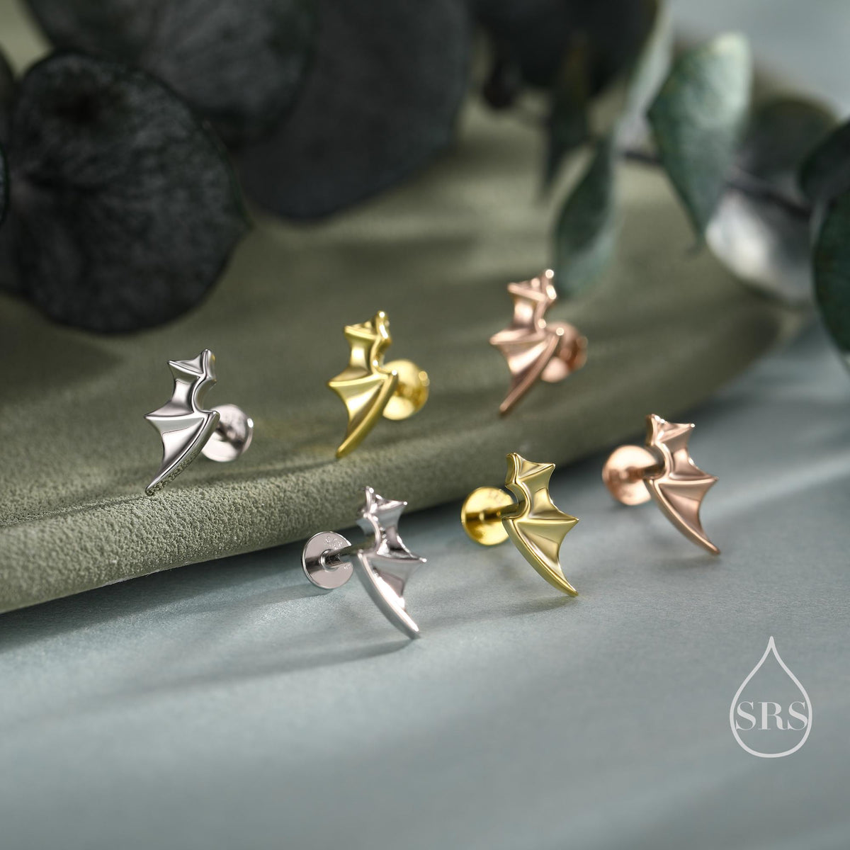 Bat Wing 16G Internally Threaded Flat Back Earrings in Sterling Silver, Animal Earrings