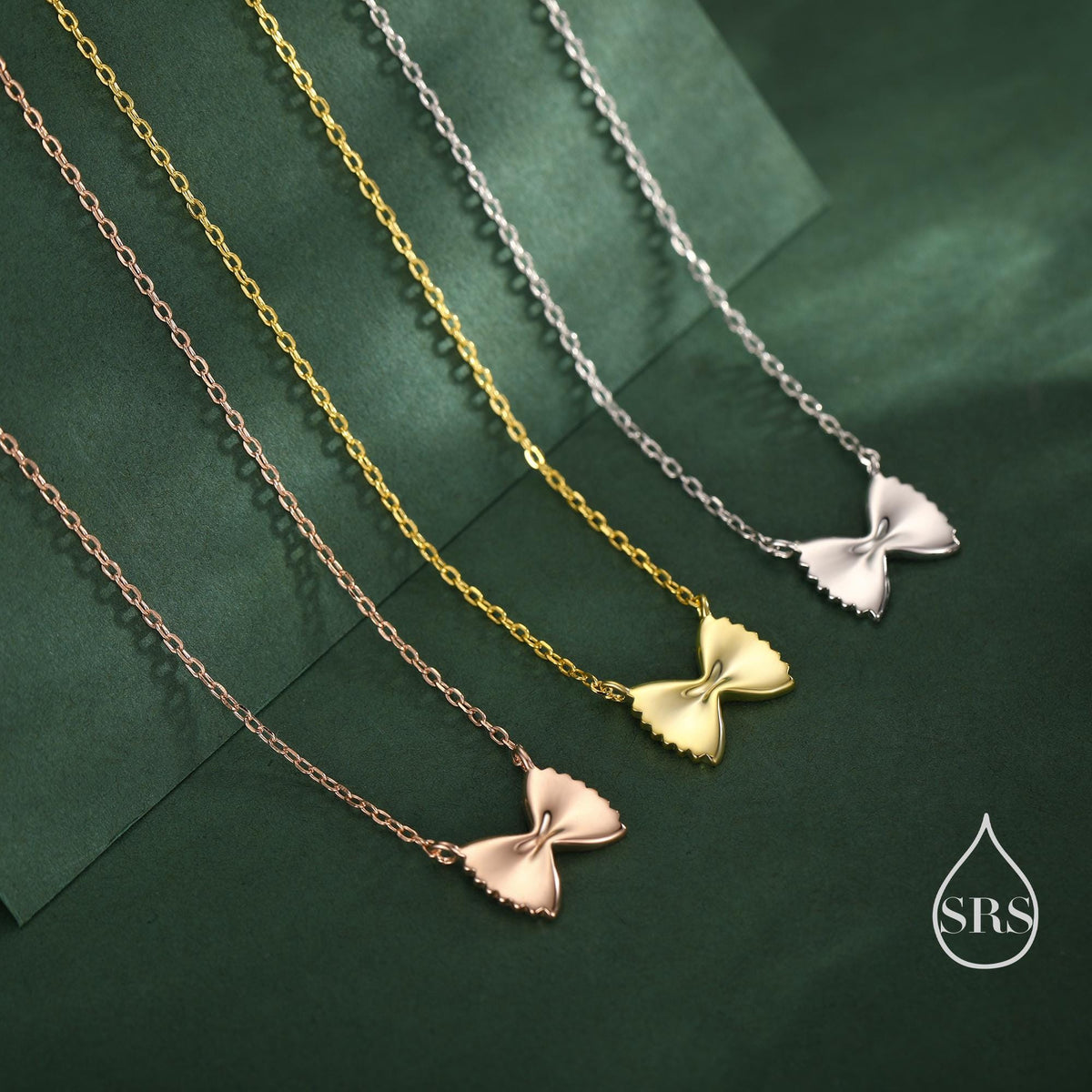 Farfalle Pasta Shape Pendant Necklace in Sterling Silver, Ribbon Bow Necklace, Playful and Quirky Food Jewellery, Silver, Gold or Rose Gold