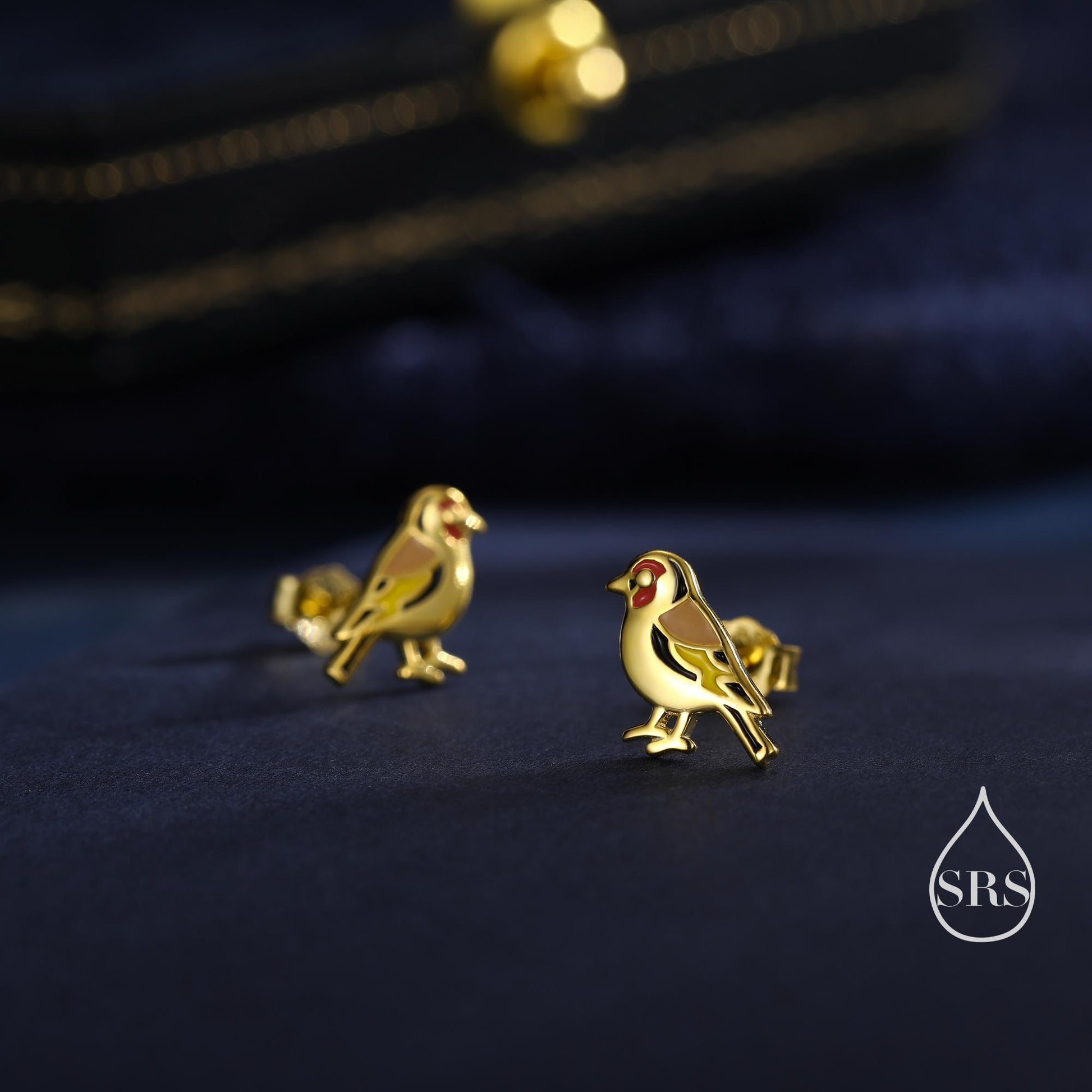Tiny Goldfinch Bird Stud Earrings in Sterling Silver, Silver or Gold, Enamel Bird Earrings, Nature Inspired Animal Earrings