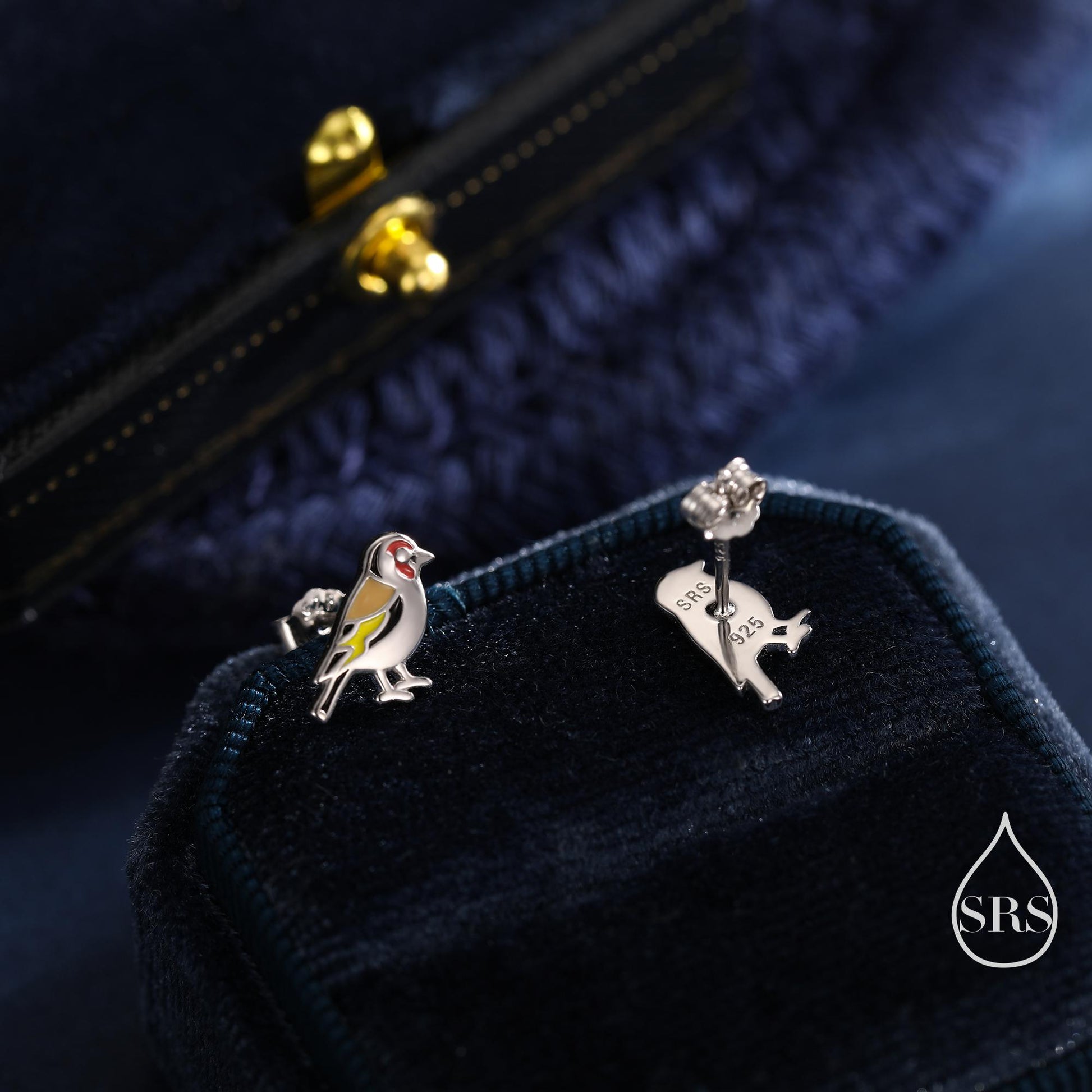 Tiny Goldfinch Bird Stud Earrings in Sterling Silver, Silver or Gold, Enamel Bird Earrings, Nature Inspired Animal Earrings