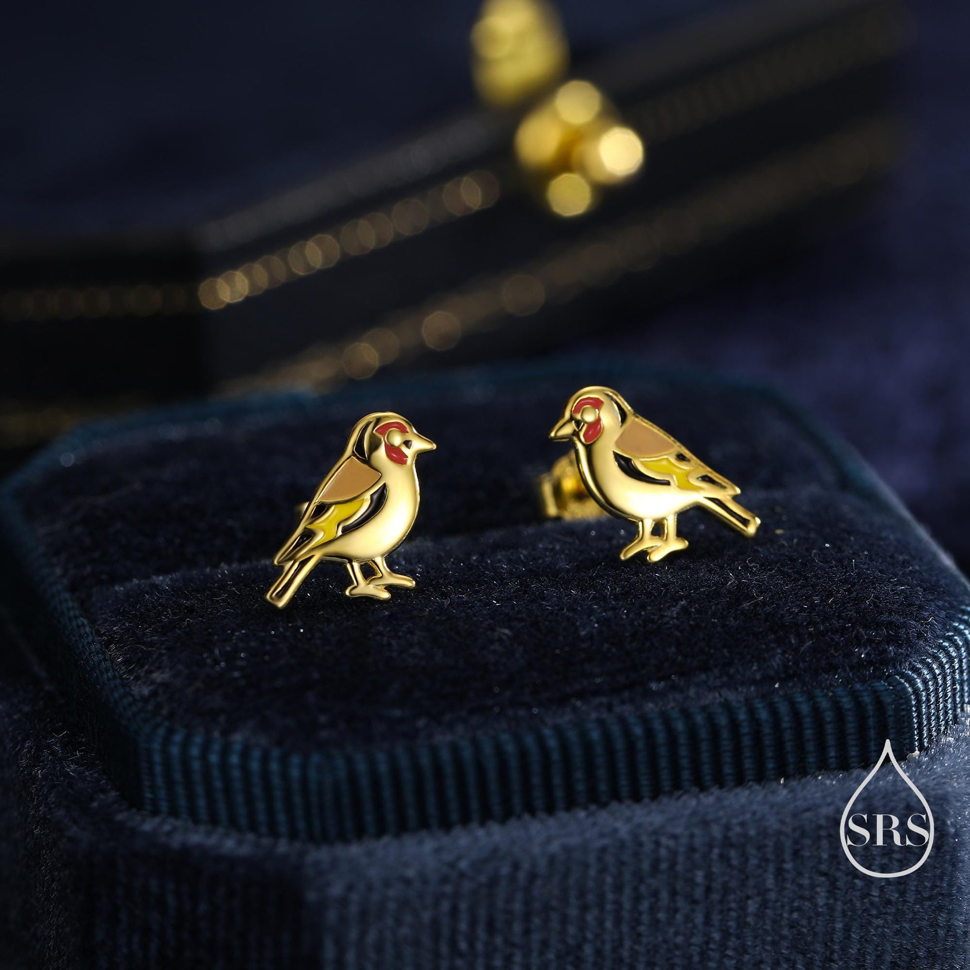 Tiny Goldfinch Bird Stud Earrings in Sterling Silver, Silver or Gold, Enamel Bird Earrings, Nature Inspired Animal Earrings