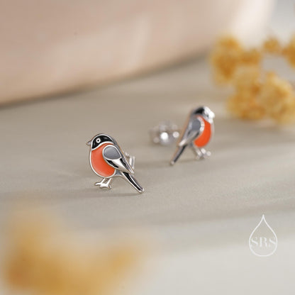 Tiny Bullfinch Bird Stud Earrings in Sterling Silver, Silver or Gold, Enamel Bird Earrings, Nature Inspired Animal Earrings