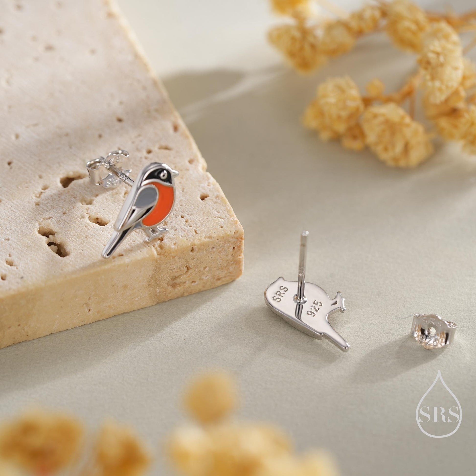 Tiny Bullfinch Bird Stud Earrings in Sterling Silver, Silver or Gold, Enamel Bird Earrings, Nature Inspired Animal Earrings