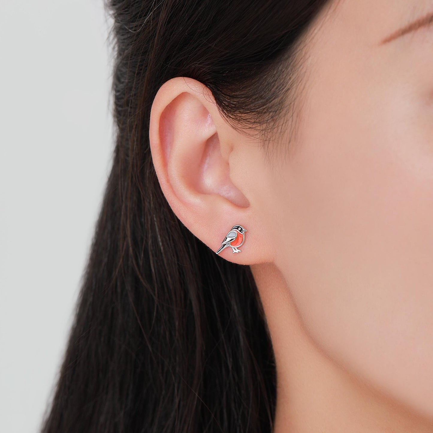 Tiny Bullfinch Bird Stud Earrings in Sterling Silver, Silver or Gold, Enamel Bird Earrings, Nature Inspired Animal Earrings