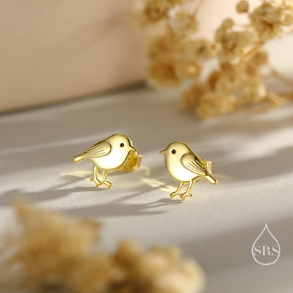 Tiny Chickadee Bird Stud Earrings in Sterling Silver, Silver or Gold or Rose Gold, Cute Bird Earrings, Nature Inspired Animal Earrings