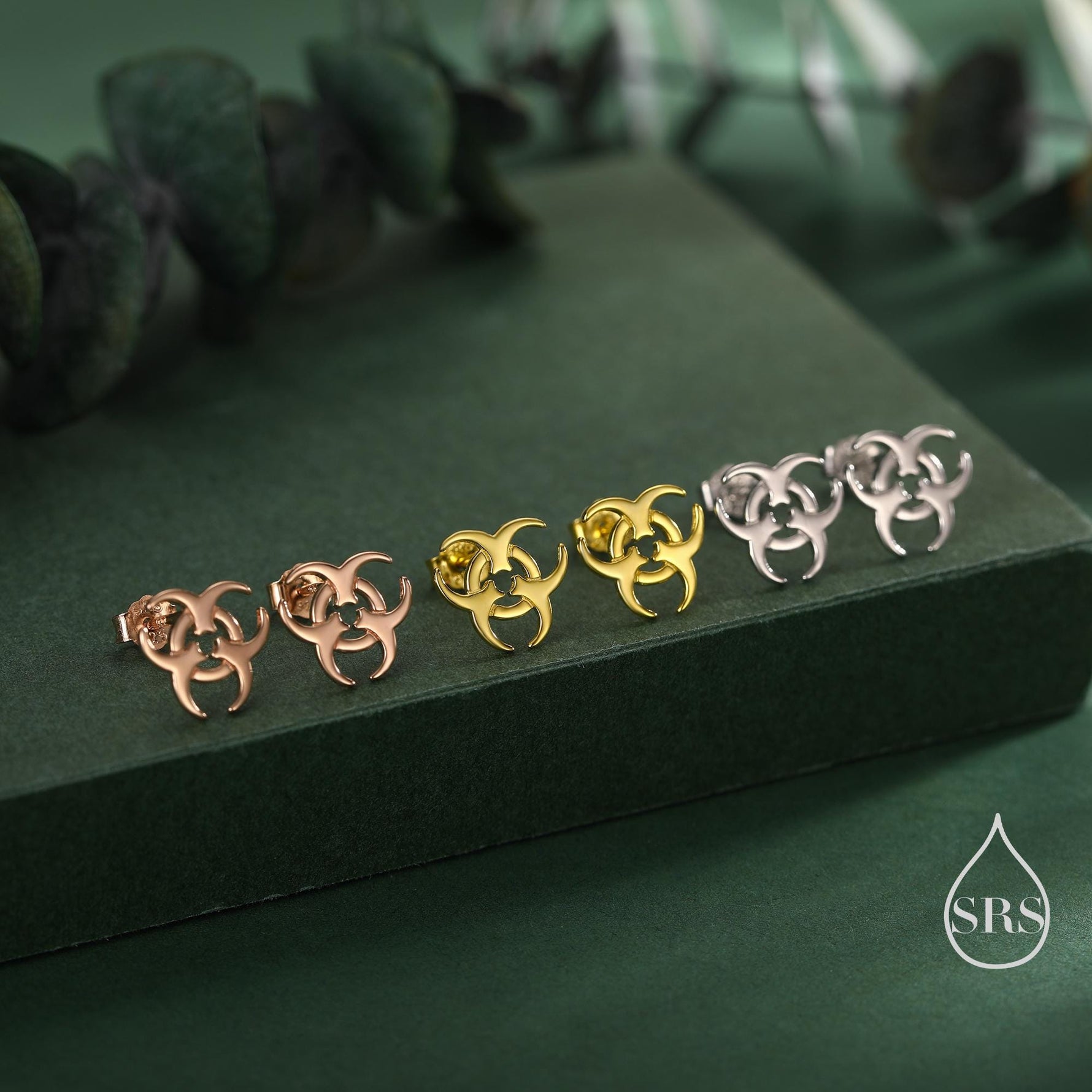 Tiny Biohazard Stud Earrings in Sterling Silver, Silver, Gold or Rose Gold, Small Halloween Earrings