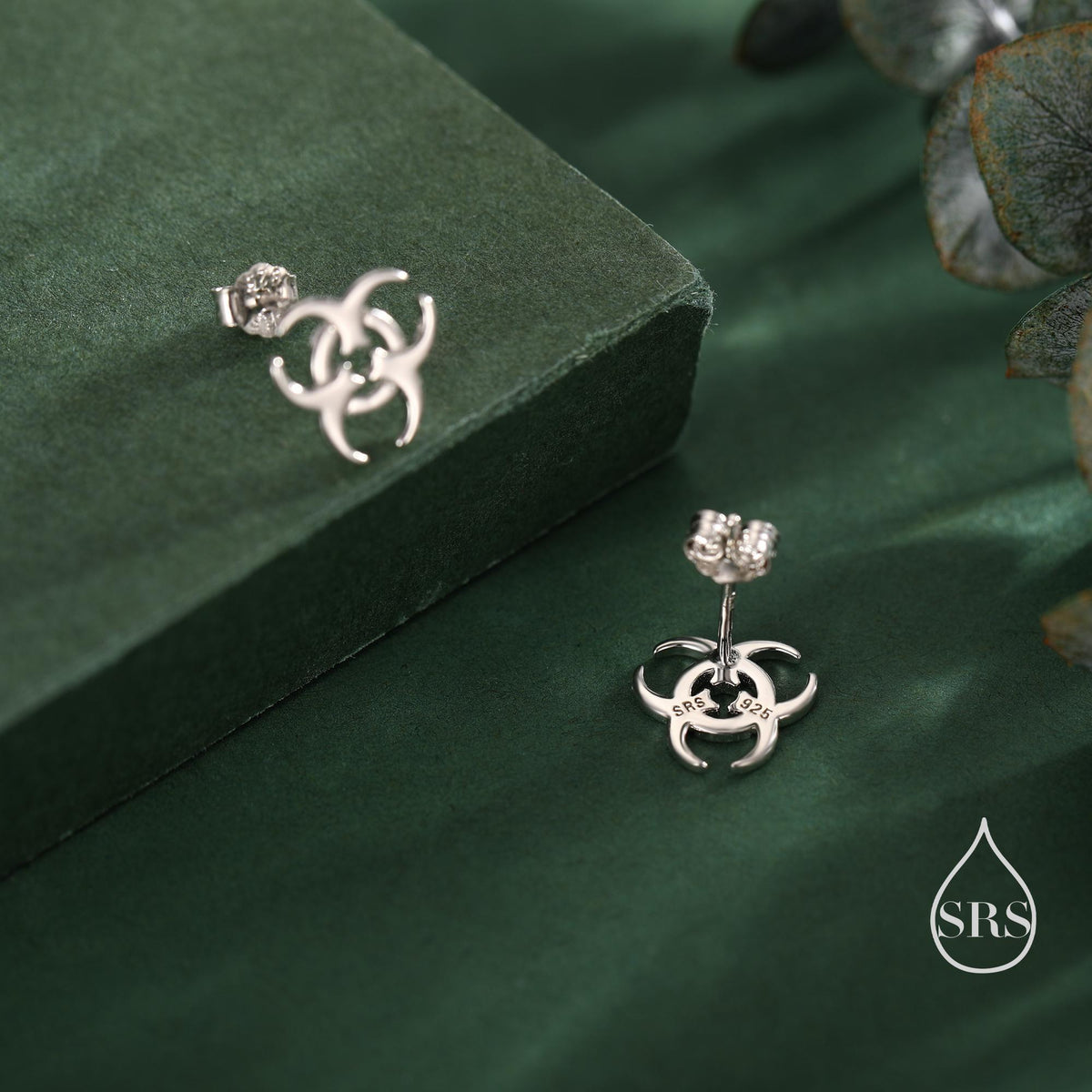 Tiny Biohazard Stud Earrings in Sterling Silver, Silver, Gold or Rose Gold, Small Halloween Earrings