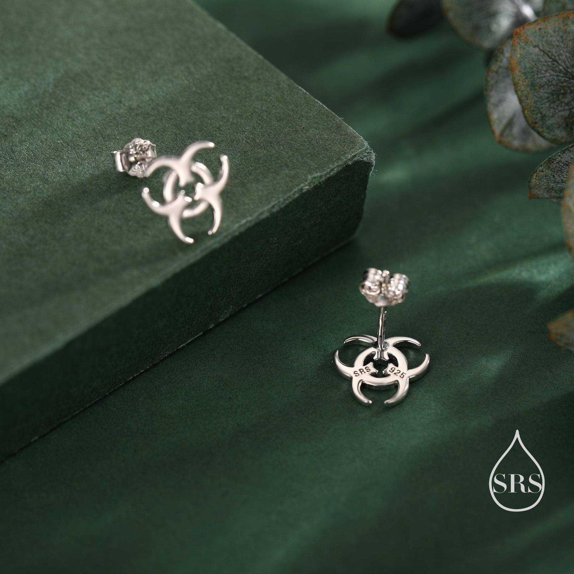 Tiny Biohazard Stud Earrings in Sterling Silver, Silver, Gold or Rose Gold, Small Halloween Earrings