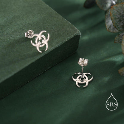Tiny Biohazard Stud Earrings in Sterling Silver, Silver, Gold or Rose Gold, Small Halloween Earrings