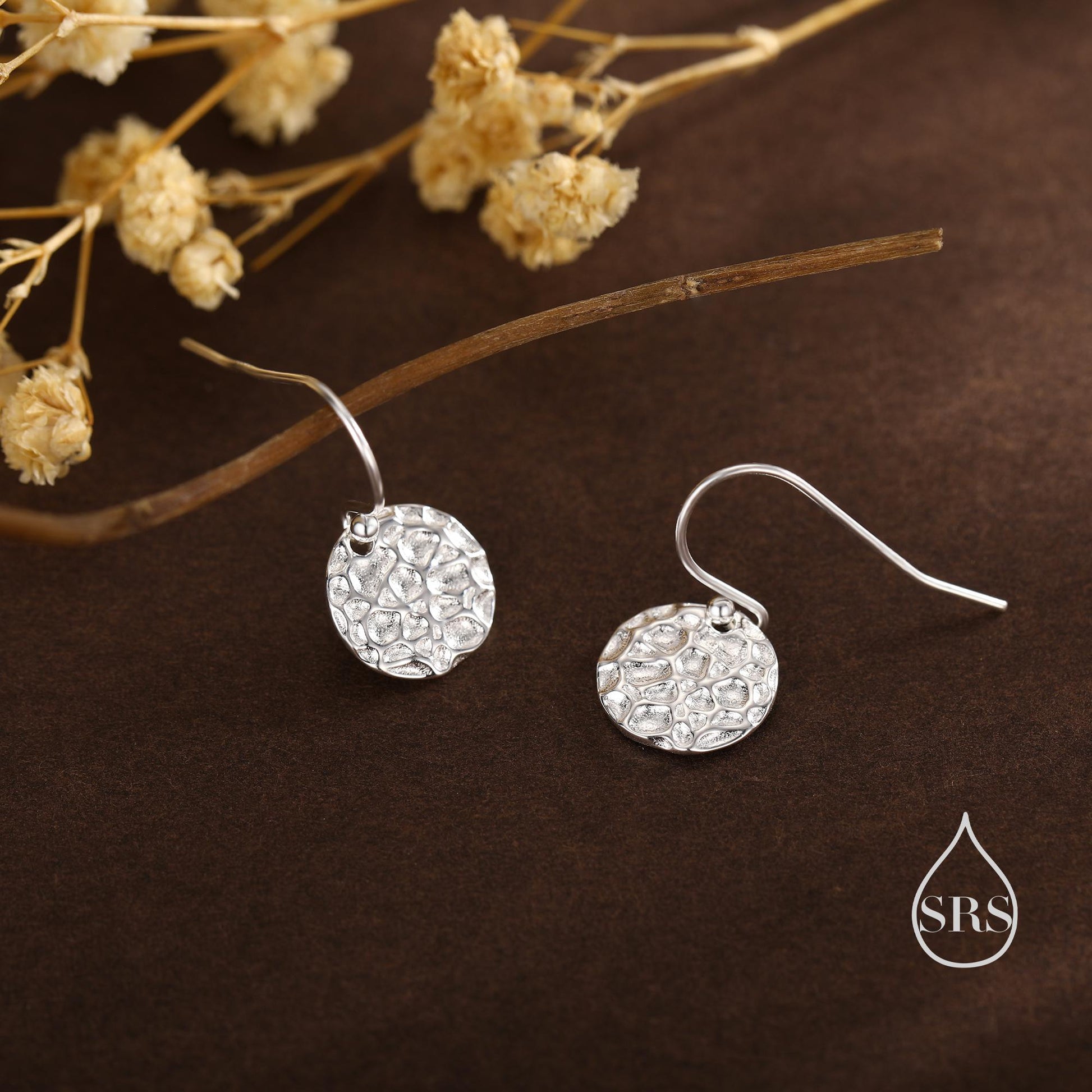 Hammered Disks Dangle Drop Earrings in Sterling Silver, Silver or Gold or Rose Gold, Minimalist Hammered Disk Earrings