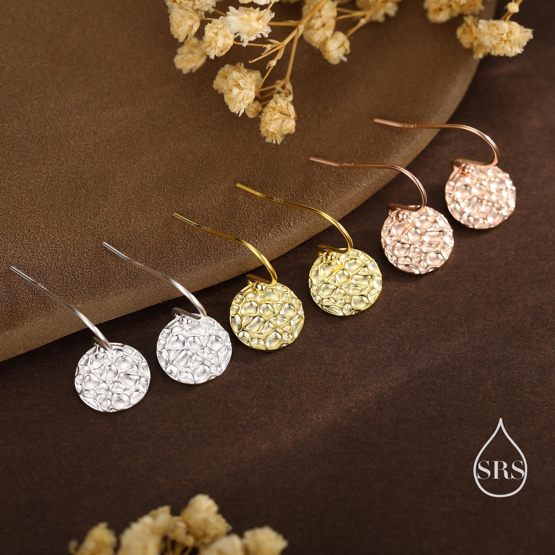 Hammered Disks Dangle Drop Earrings in Sterling Silver, Silver or Gold or Rose Gold, Minimalist Hammered Disk Earrings
