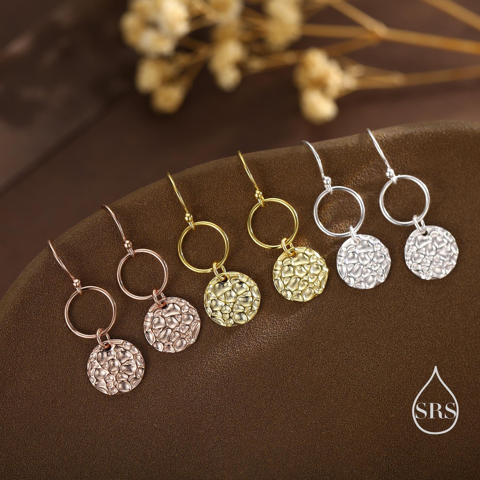 Hammered Disks and Circle Dangle Drop Earrings in Sterling Silver, Silver, Gold or Rose Gold, Minimalist Hammered Disk Earrings