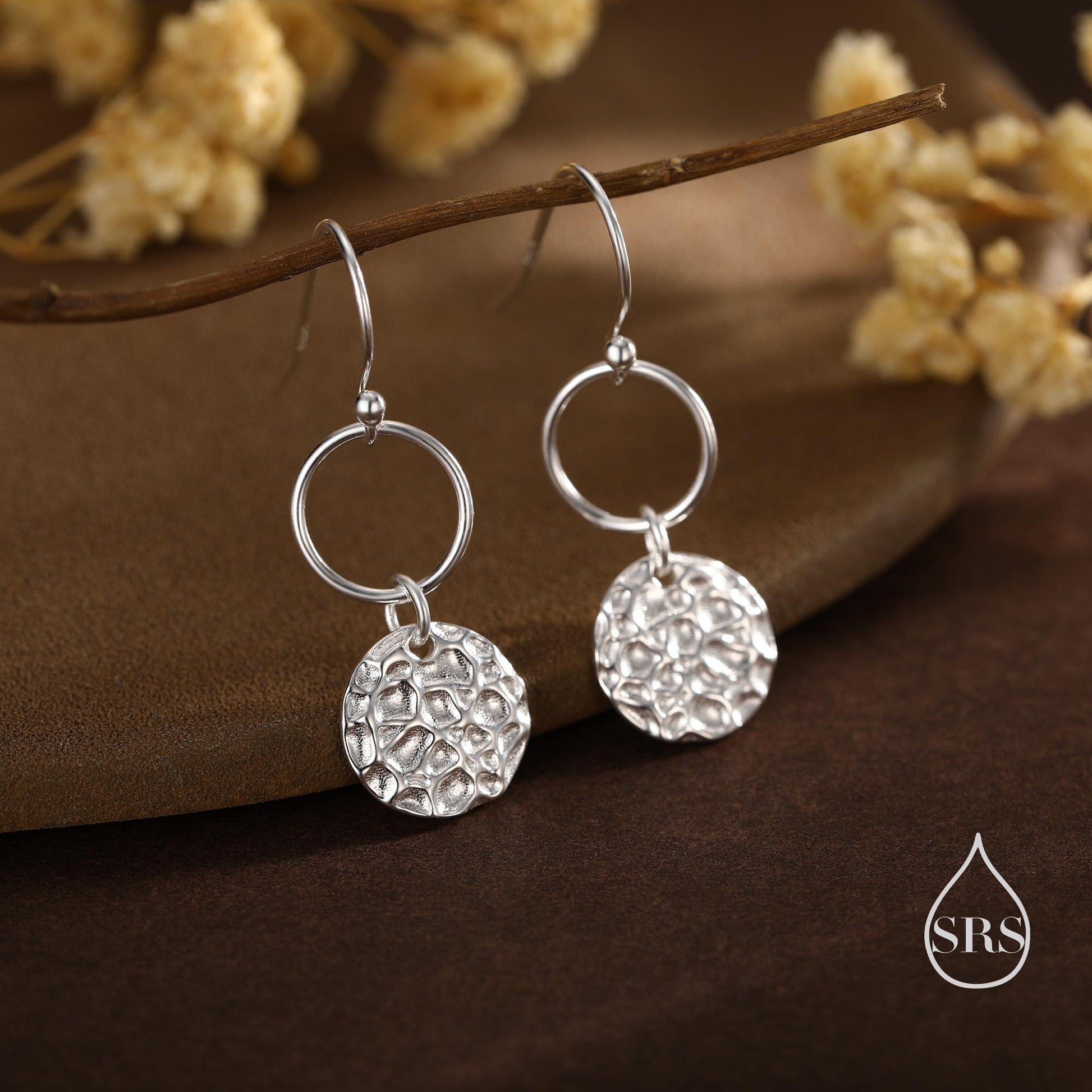 Hammered Disks and Circle Dangle Drop Earrings in Sterling Silver, Silver, Gold or Rose Gold, Minimalist Hammered Disk Earrings