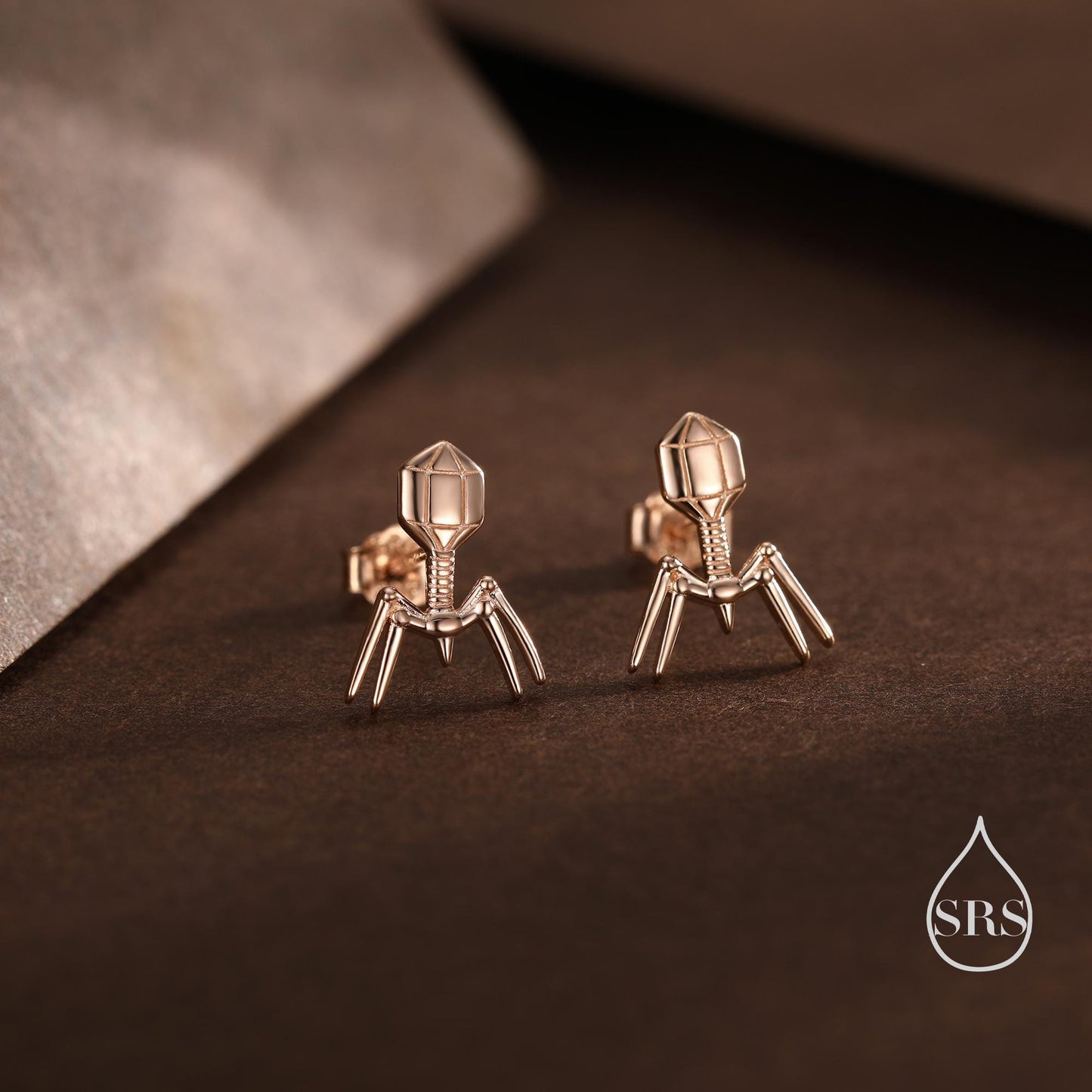 Sterling Silver Bacteriophage Stud Earrings, Available in Silver, Gold or Rose Gold Finish, Cute Fun Quirky, Gift for Her, Nature Inspired