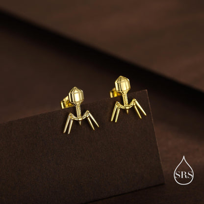 Sterling Silver Bacteriophage Stud Earrings, Available in Silver, Gold or Rose Gold Finish, Cute Fun Quirky, Gift for Her, Nature Inspired
