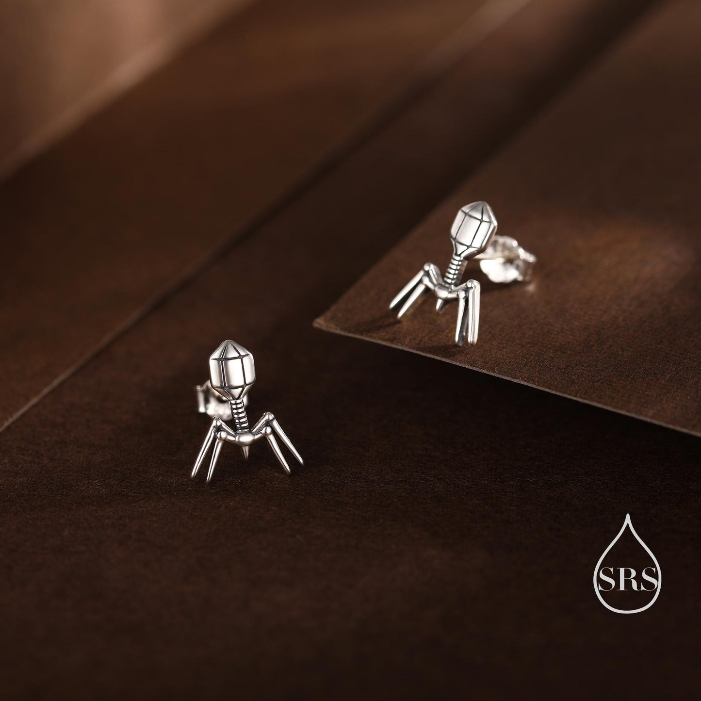 Sterling Silver Bacteriophage Stud Earrings, Available in Silver, Gold or Rose Gold Finish, Cute Fun Quirky, Gift for Her, Nature Inspired
