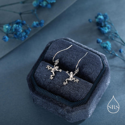 Tiny Frog Drop Hook Earrings in Sterling Silver, Tree Frog Earrings, Silver or Gold or Rose Gold, Rain Forest Frog Nature Inspired