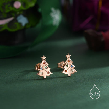 Tiny Christmas Tree Stud Earrings in Sterling Silver, Silver or Gold or Rose Gold Finish, Tiny Xmas Tree Earrings, Christmas Earrings