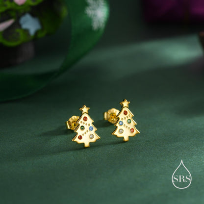 Tiny Christmas Tree Stud Earrings in Sterling Silver, Silver or Gold or Rose Gold Finish, Tiny Xmas Tree Earrings, Christmas Earrings